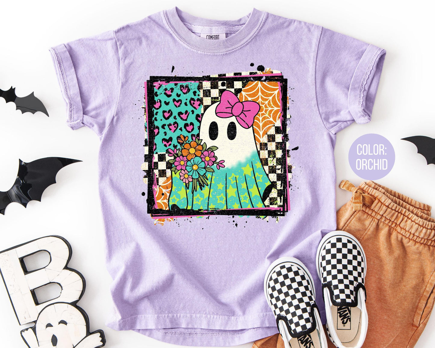 Comfort Colors Checkered Floral Ghost Shirt - Retro Halloween Tee