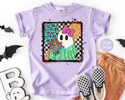 Comfort Colors Checkered Floral Ghost Shirt - Retro Halloween Tee