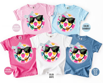Comfort Colors® Strawberry Coquette Smiley Face Shirt, Girls Summer Shirts, Strawberries Smiley Tee