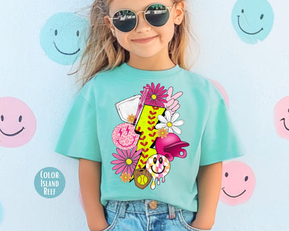 Comfort Colors Lightning Bolt Softball Shirt: Girls Youth Tee