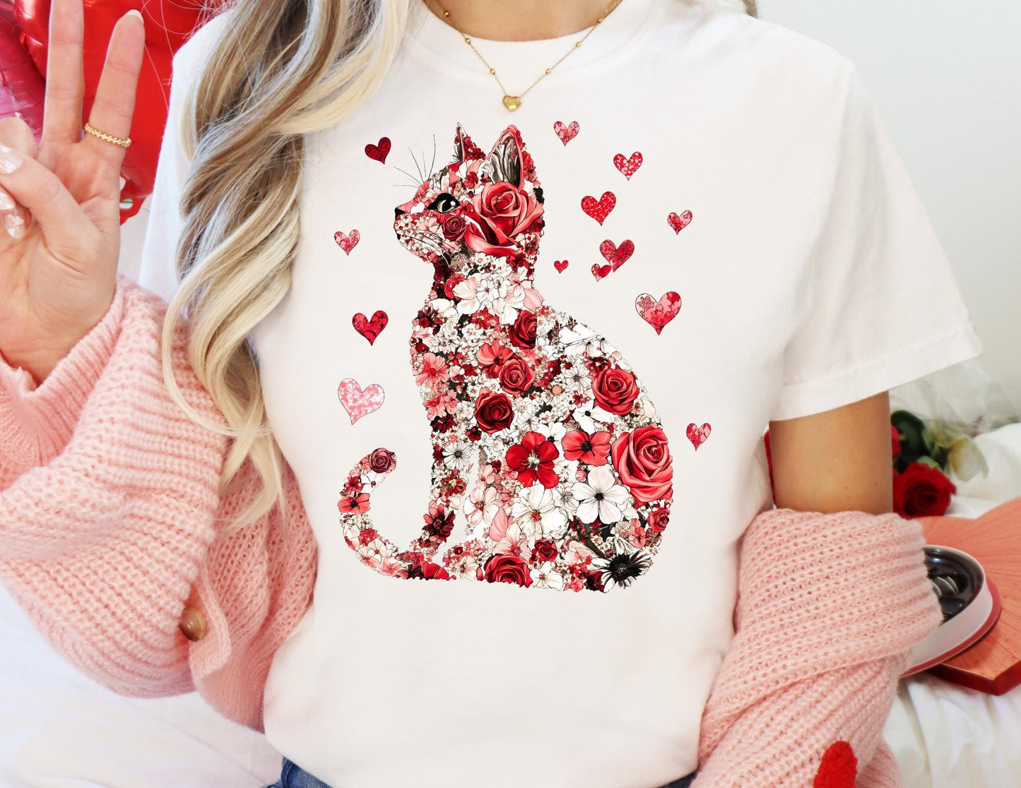 Comfort Colors Cat Valentine Shirt: Floral Heart Tee