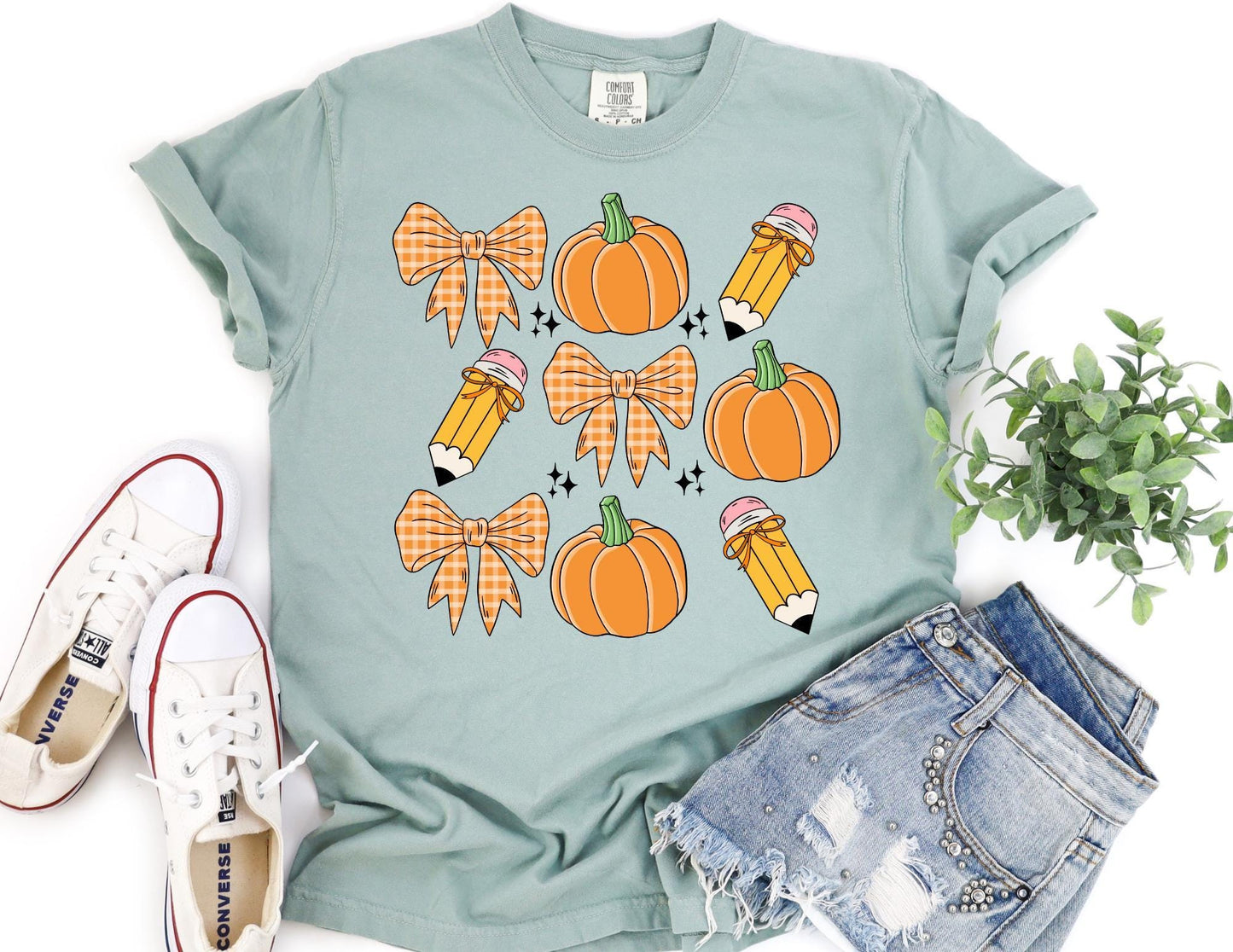 Comfort Colors Fall Teacher Shirt: Pumpkin Bow Pencil Tee