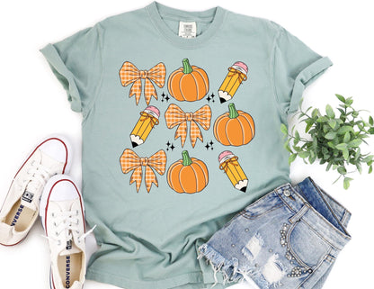 Comfort Colors Fall Teacher Shirt: Pumpkin Bow Pencil Tee