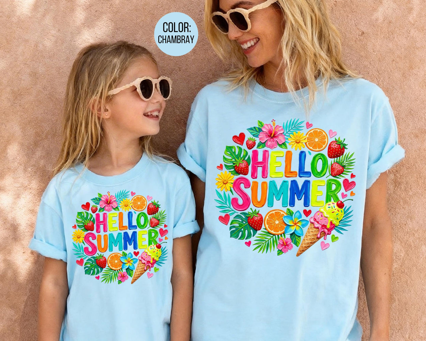 Comfort Colors Floral Brushstroke Hello Summer Shirt, Matching Mom & Daughter Summer Tees