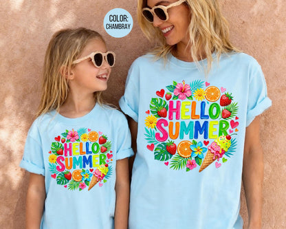 Comfort Colors Floral Brushstroke Hello Summer Shirt, Matching Mom & Daughter Summer Tees