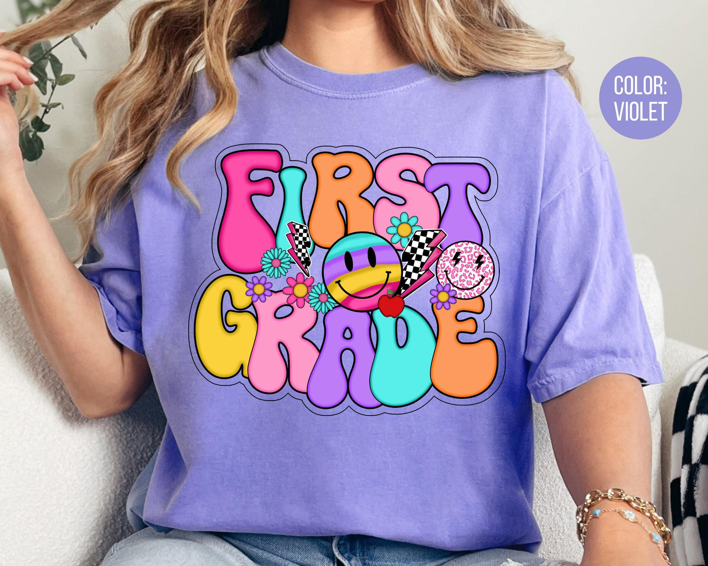 Comfort Colors® Smiley Retro First Grade Shirt, 1st Grade Teacher Shirts