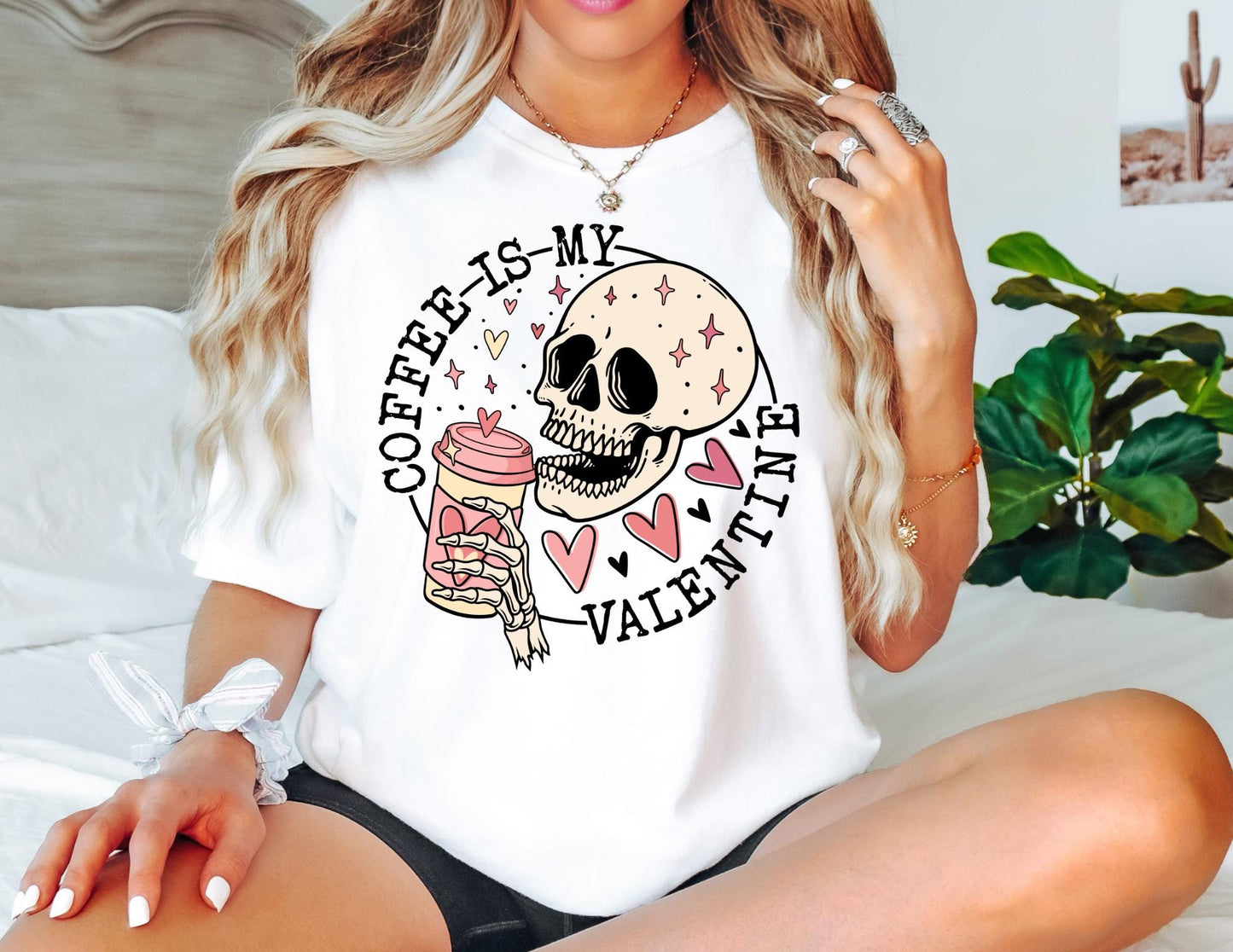 Comfort Colors Coffee Valentine Shirt: Skull & Hearts Graphic Tee