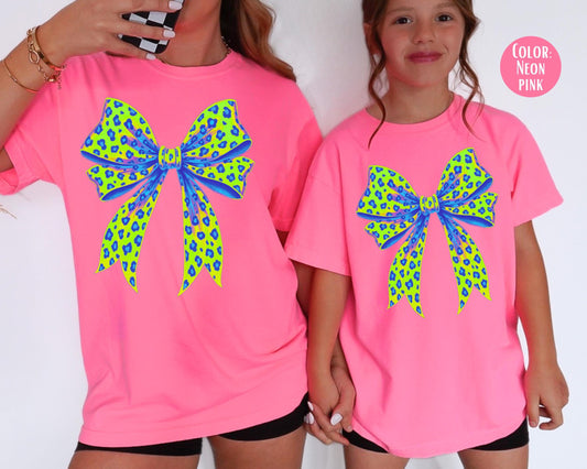 Girls Leopard Bow Shirt: Comfort Colors Kids Tee