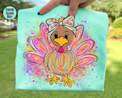 Comfort Colors Thanksgiving Turkey Shirt: Girls Watercolor Turkey Tee