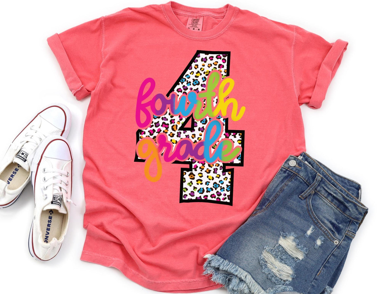 Comfort Colors Fourth Grade Teacher Shirt: Leopard Print