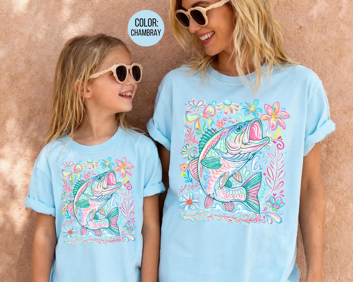 Comfort Colors® Floral Bass Shirt, Girls Fishing Shirts, Mommy and Me Fishing Tees