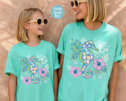 Comfort Colors® Preppy Floral Seahorse Shirt, Girls Seahorse Shirts, Summer Tees