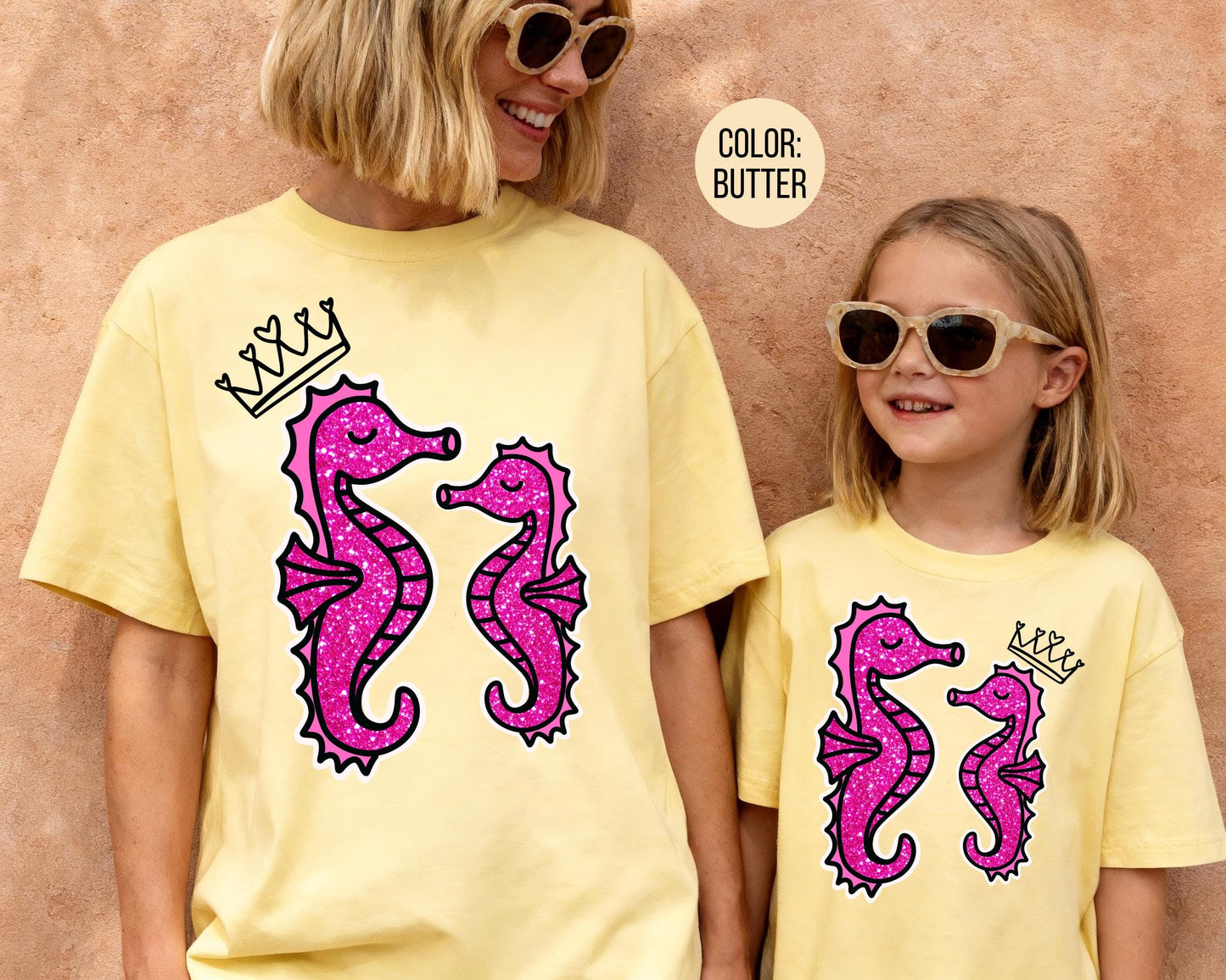 Comfort Colors® Faux Glitter Mama and Mini Seahorse Shirts, Mommy and Me Summer Shirts