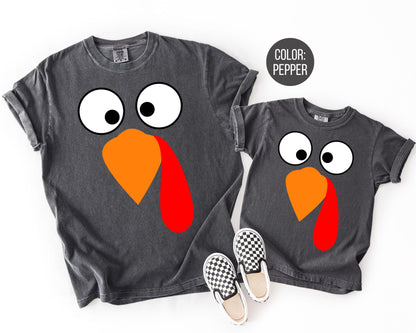 Comfort Colors Turkey Face Thanksgiving Shirt, Thanksgiving Mommy and Me, Funny Turkey Mama and Mini Shirts