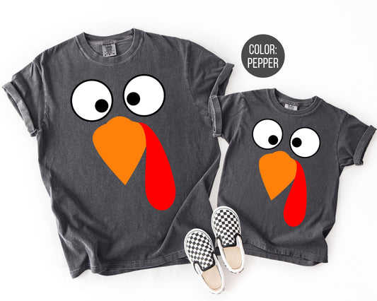 Comfort Colors Turkey Face Thanksgiving Shirt, Thanksgiving Mommy and Me, Funny Turkey Mama and Mini Shirts