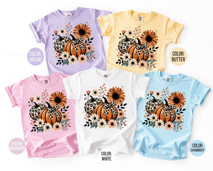 Comfort Colors Floral Fall Pumpkins Shirt, Leopard Pumpkin Tee, Thanksgiving Shirts for women