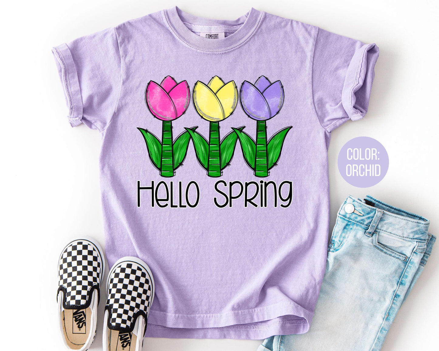 Comfort Colors® Hello Spring Shirt, Girls Spring Shirts, Tulip Tee for Girl
