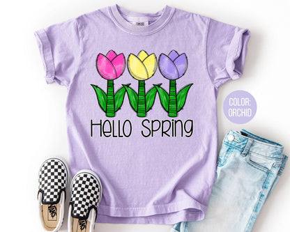 Comfort Colors® Hello Spring Shirt, Girls Spring Shirts, Tulip Tee for Girl