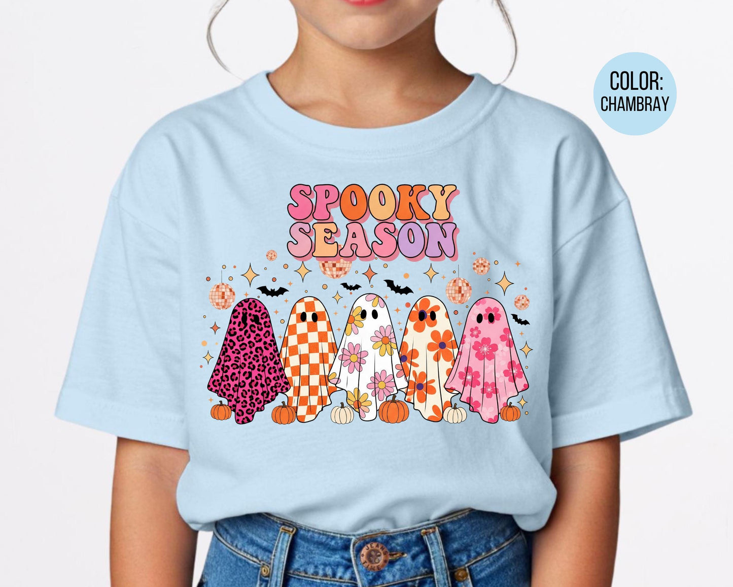 Comfort Colors Girls Spooky Season Shirt, Preppy Ghosts Kids Tee, Youth Halloween T-shirt