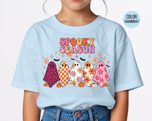 Comfort Colors Girls Spooky Season Shirt, Preppy Ghosts Kids Tee, Youth Halloween T-shirt