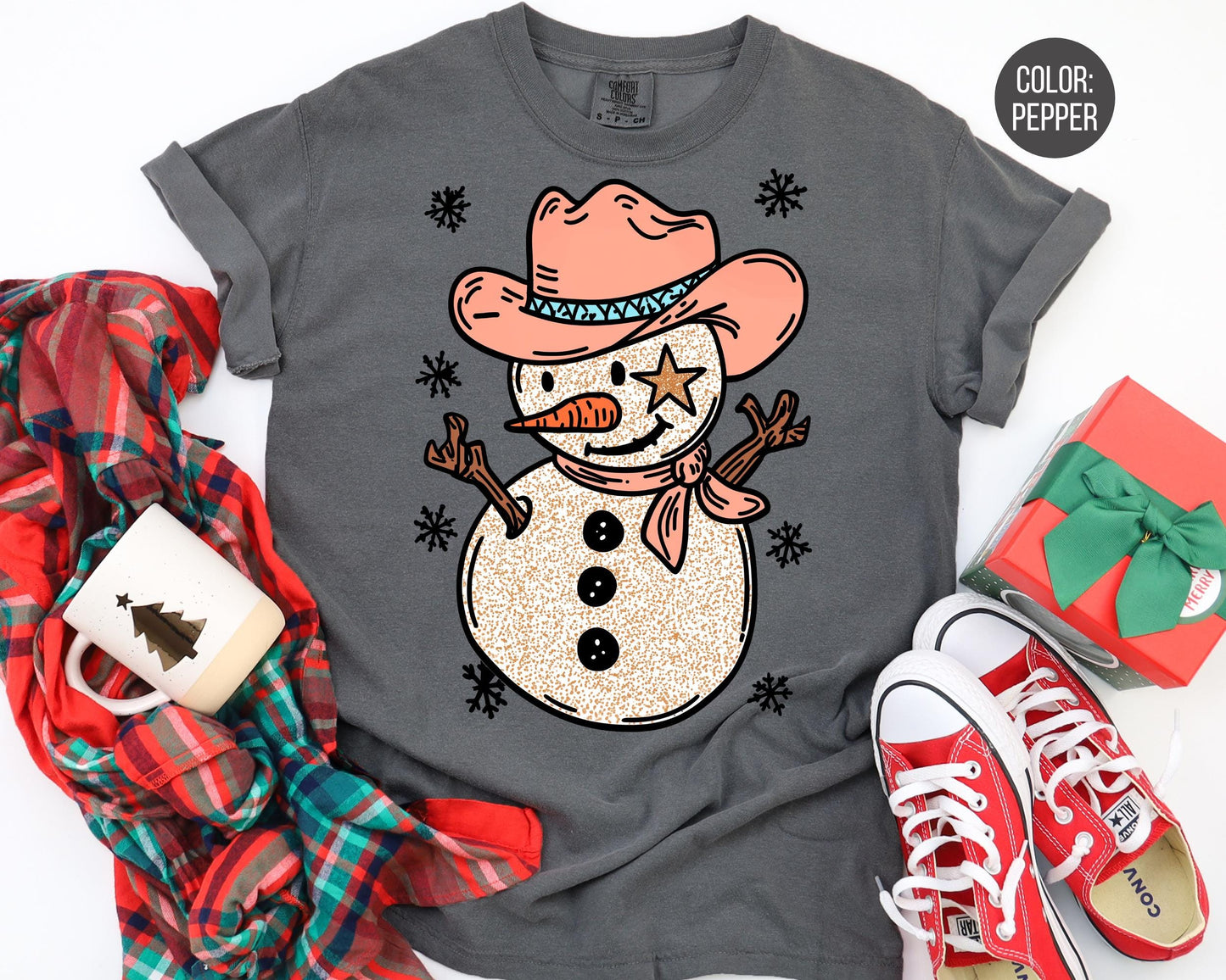 Comfort Colors Western Snowman Shirt - Western Cowgirl Christmas Tee