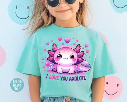 Comfort Colors® I Love You Axolotl Shirt, Girls Axolotl Gift, Valentines Day Youth Shirts