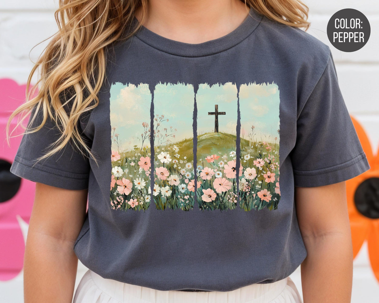 Comfort Colors® Girls Floral Cross Shirt, Kids Easter Shirts, Christian Gift