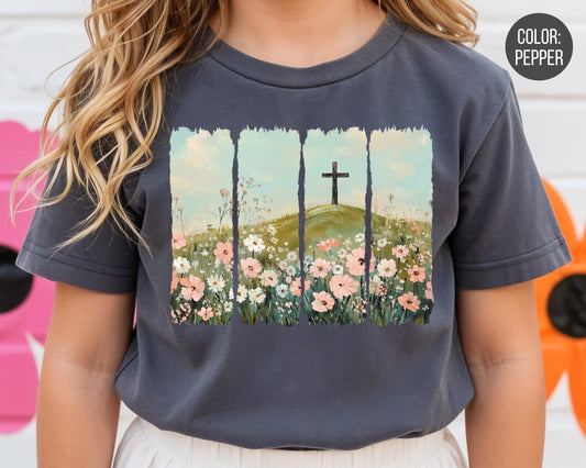 Comfort Colors® Girls Floral Cross Shirt, Kids Easter Shirts, Christian Gift