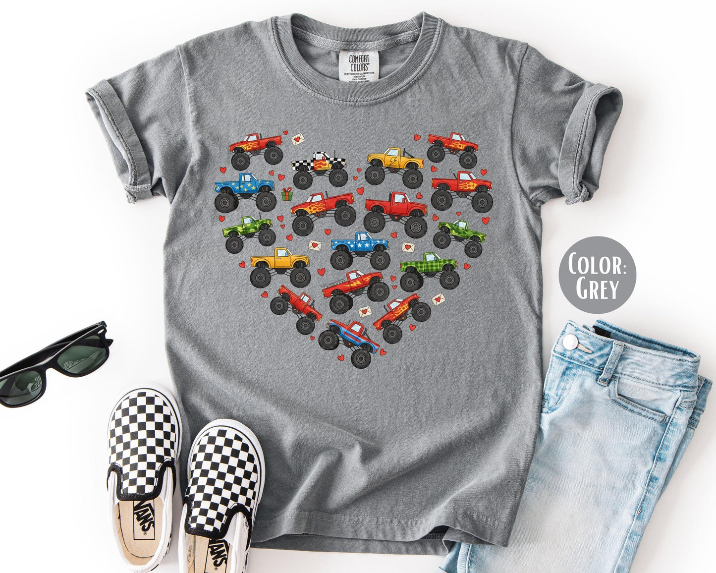Comfort Colors® Boys Heart Monster Truck Shirt, Kids Valentines Day Shirts