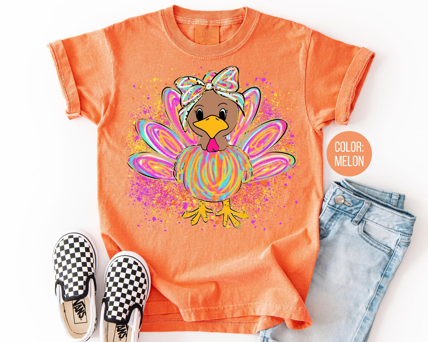 Comfort Colors Thanksgiving Turkey Shirt: Girls Watercolor Turkey Tee