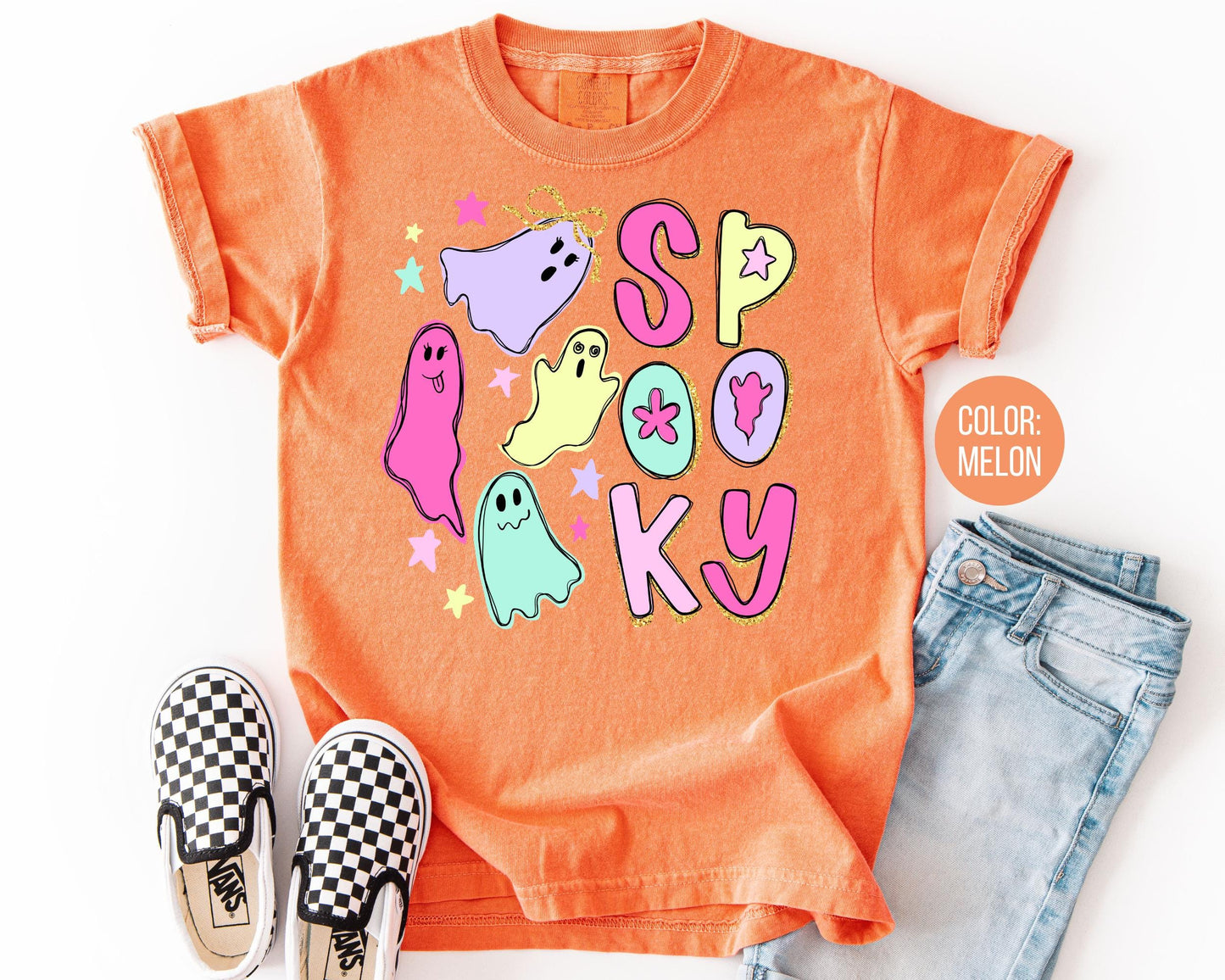 Comfort Colors Spooky Ghost Shirt, Doodle Halloween Tee