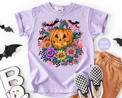 Comfort Colors Floral Jack O'Lantern Shirt: Retro Checkered Halloween