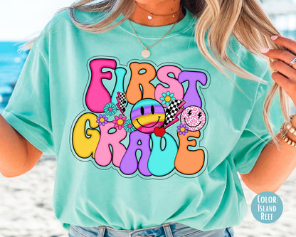 Comfort Colors® Smiley Retro First Grade Shirt, 1st Grade Teacher Shirts