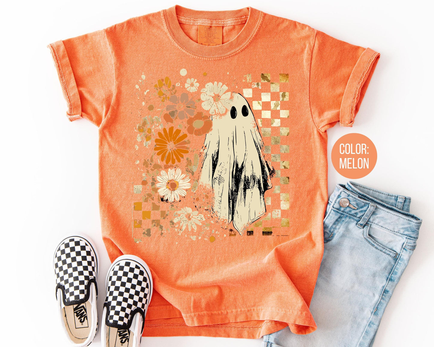 Comfort Colors Retro Floral Ghost Shirt - Preppy Halloween Tee