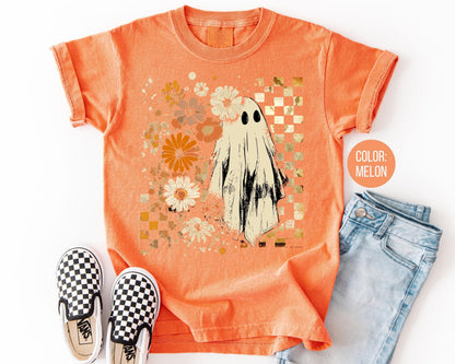Comfort Colors Retro Floral Ghost Shirt - Preppy Halloween Tee
