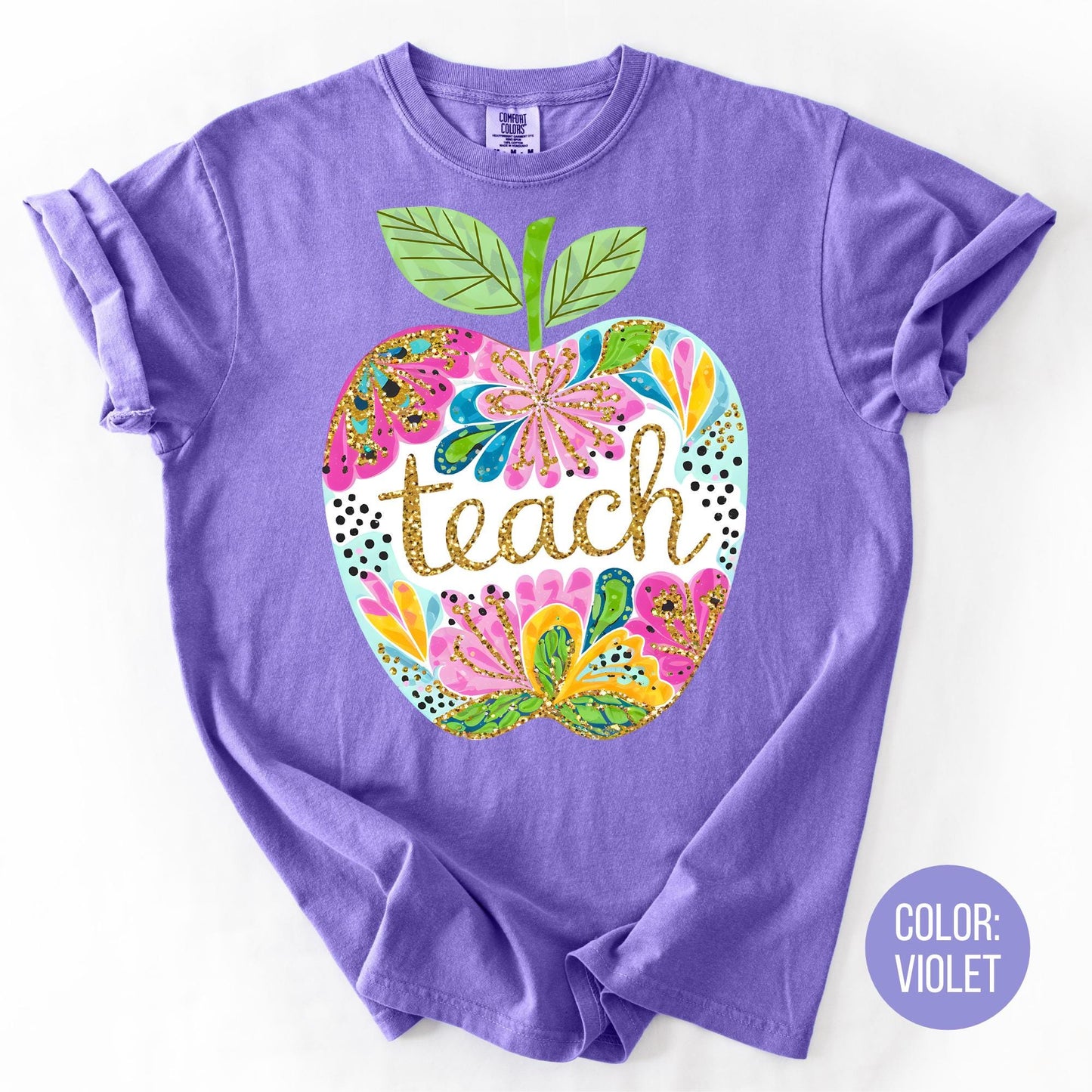 Comfort Colors Floral Apple Teach Shirt - Teacher Tee