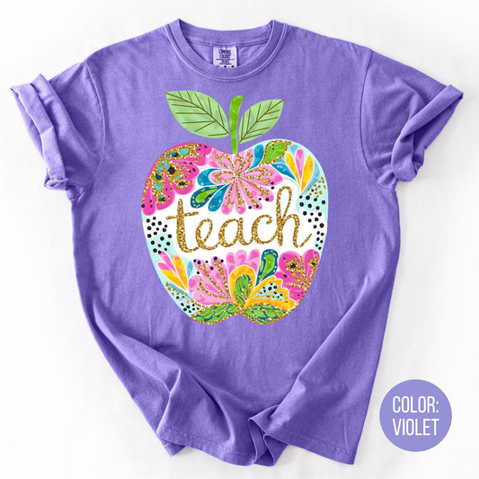Comfort Colors Floral Apple Teach Shirt - Teacher Tee