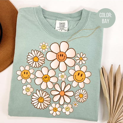 Comfort Colors Smiley Face Flowers Shirt: Floral Daisies Tee