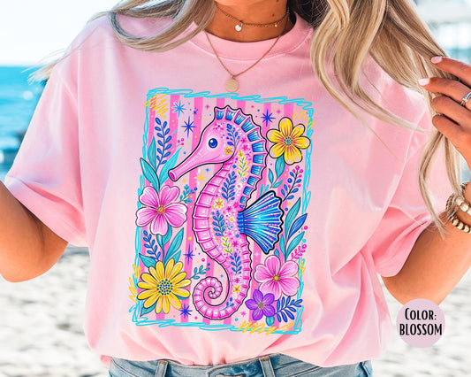Comfort Colors Pink Floral Seahorse Shirt, Summer Sea Horse Shirts