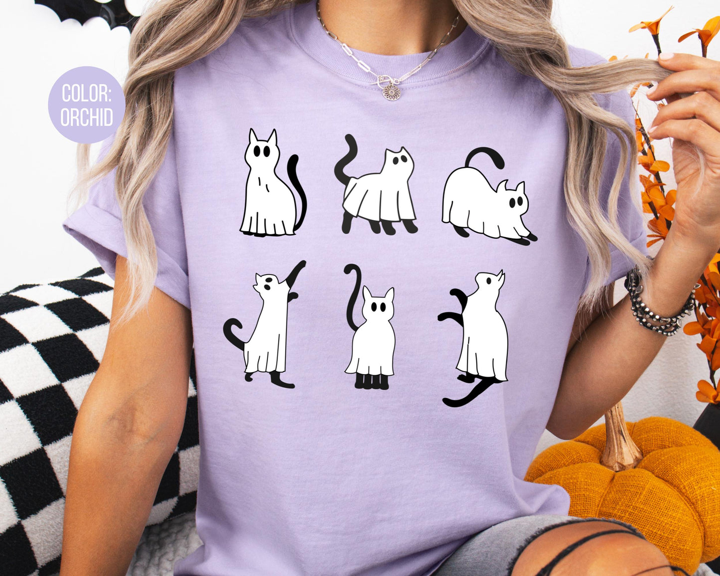 Comfort Colors Black Cat Halloween Shirt, Halloween Mommy and Me Shirts, Cute Black Cat Tee, Spooky Cat Dressed as Ghost