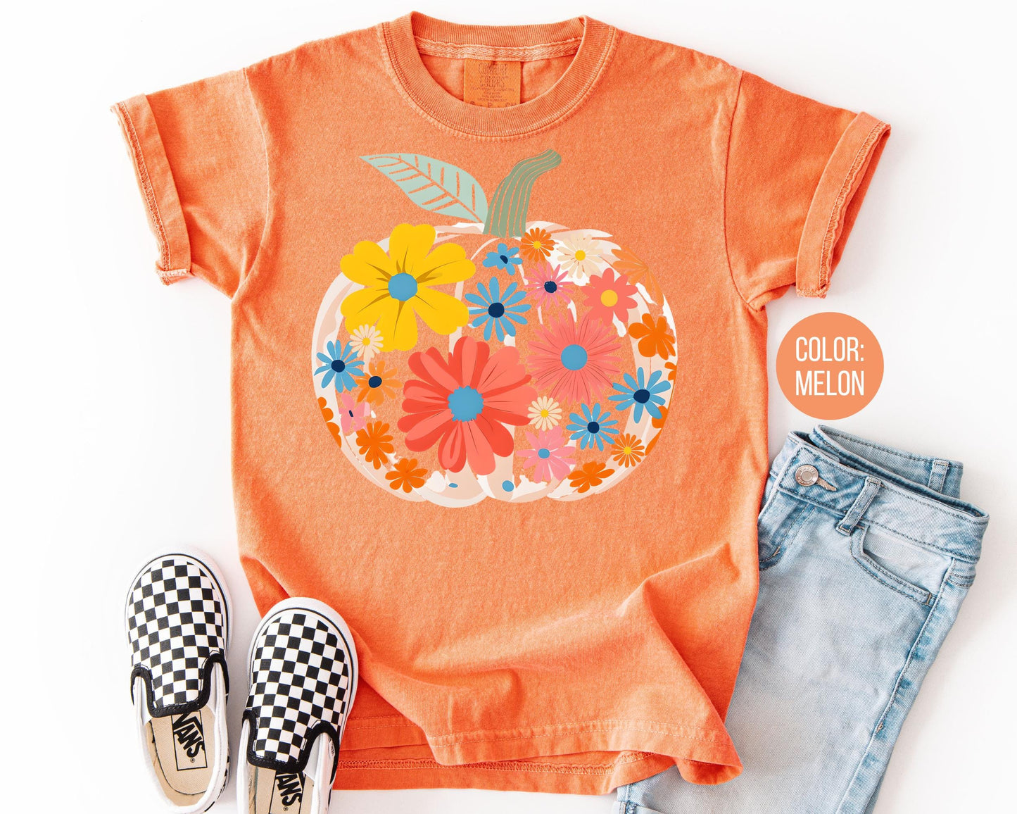 Comfort Colors Floral Pumpkin Shirt: Girls & Adults Fall Tee