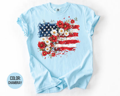 Comfort Colors Floral American Flag Shirt: 4th of July Tee