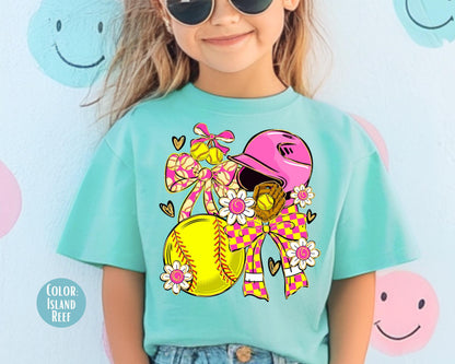 Comfort Colors Girls Preppy Checkered Softball Shirt, Kids Softball Shirts
