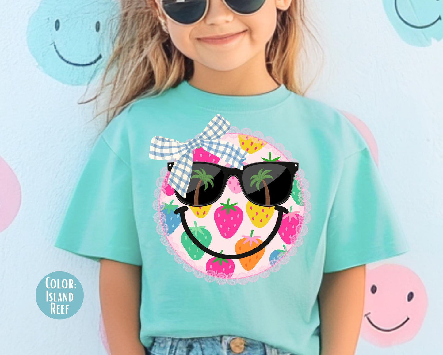 Comfort Colors® Strawberry Coquette Smiley Face Shirt, Girls Summer Shirts, Strawberries Smiley Tee