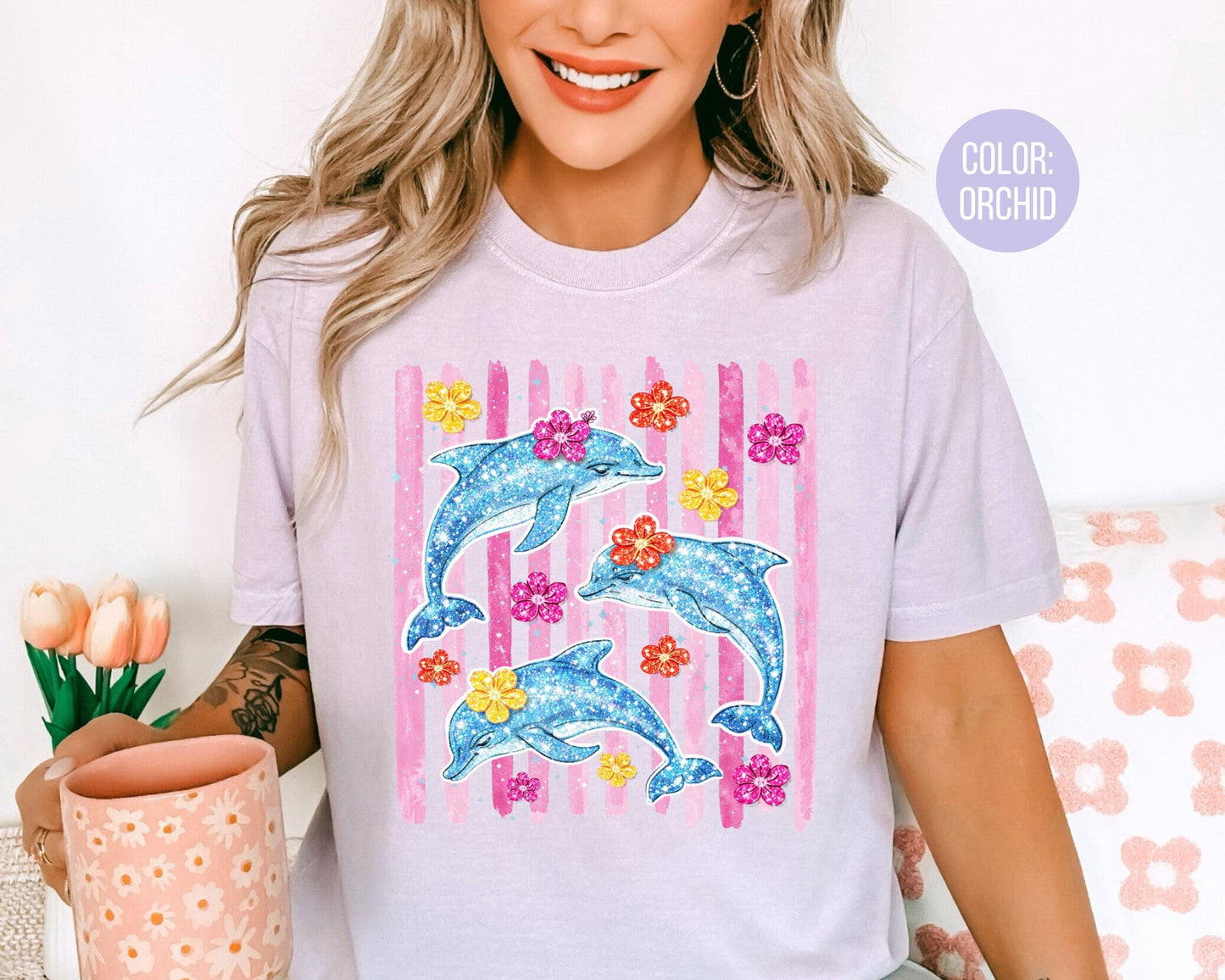 Comfort Colors Faux Glitter Dolphin Shirt, Girls Dolphin Shirts