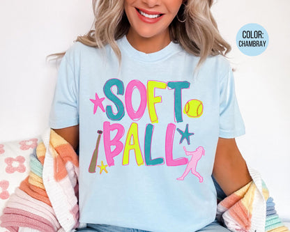 Comfort Colors Watercolor Softball Shirt: Matching Mom & Daughter Softball Shirts