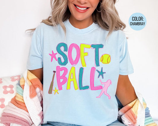 Comfort Colors Watercolor Softball Shirt: Matching Mom & Daughter Softball Shirts