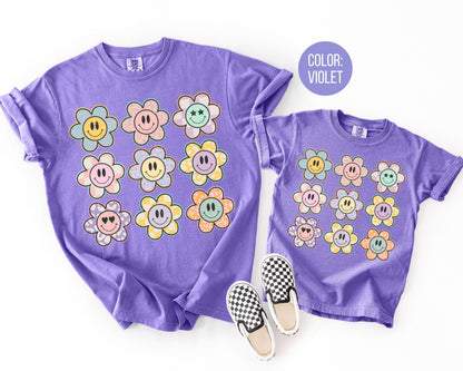 Comfort Colors Retro Smiley Face Flowers Shirt, Girls Smiley Flower Tee