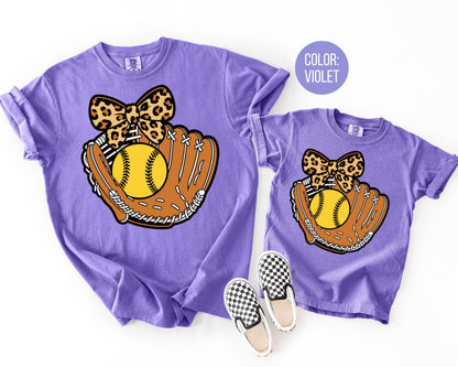 Comfort Colors Girls Leopard Softball Glove Shirt, Kids Softball Shirts