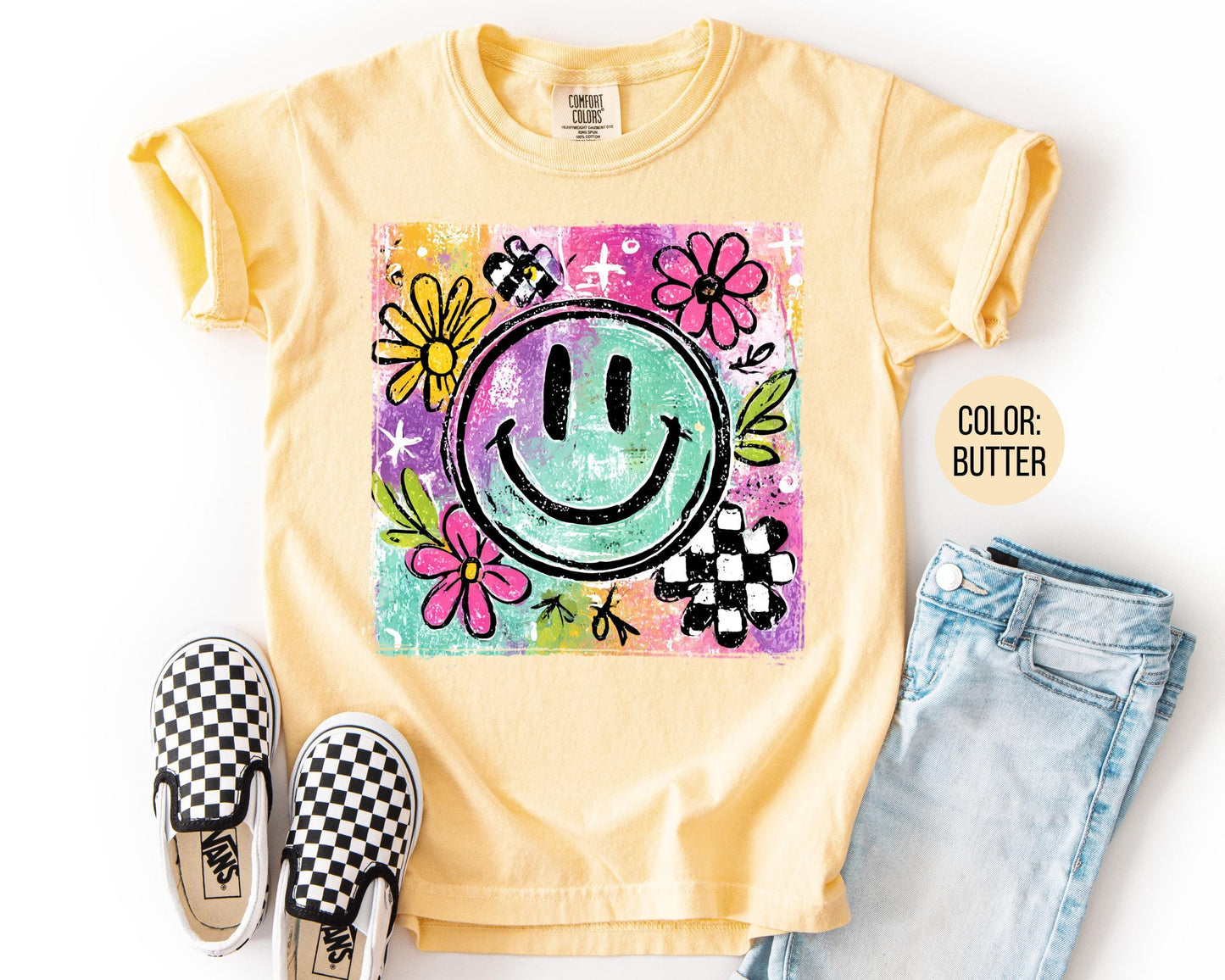 Comfort Colors Girls Retro Smiley Face Shirt, Girly Happy Face Tee